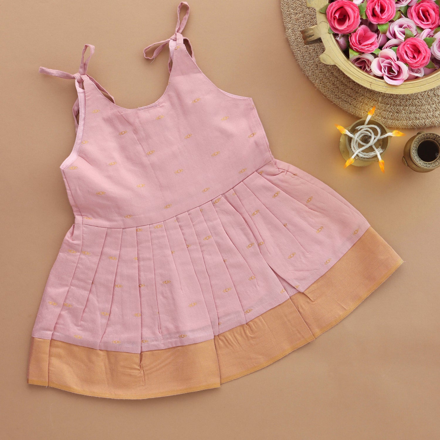 Rosy Glow: Elegant Pleated Silk Frock with Tassel Ties