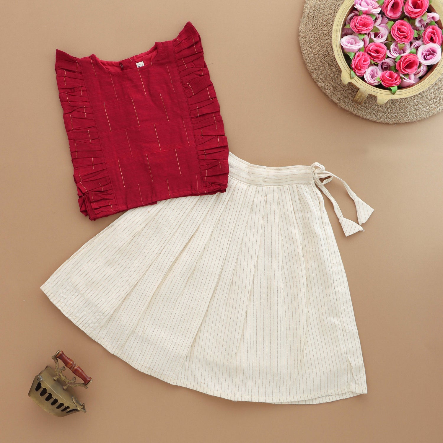 Festive Charm: Red & Cream Ethnic Wear Set For Girls