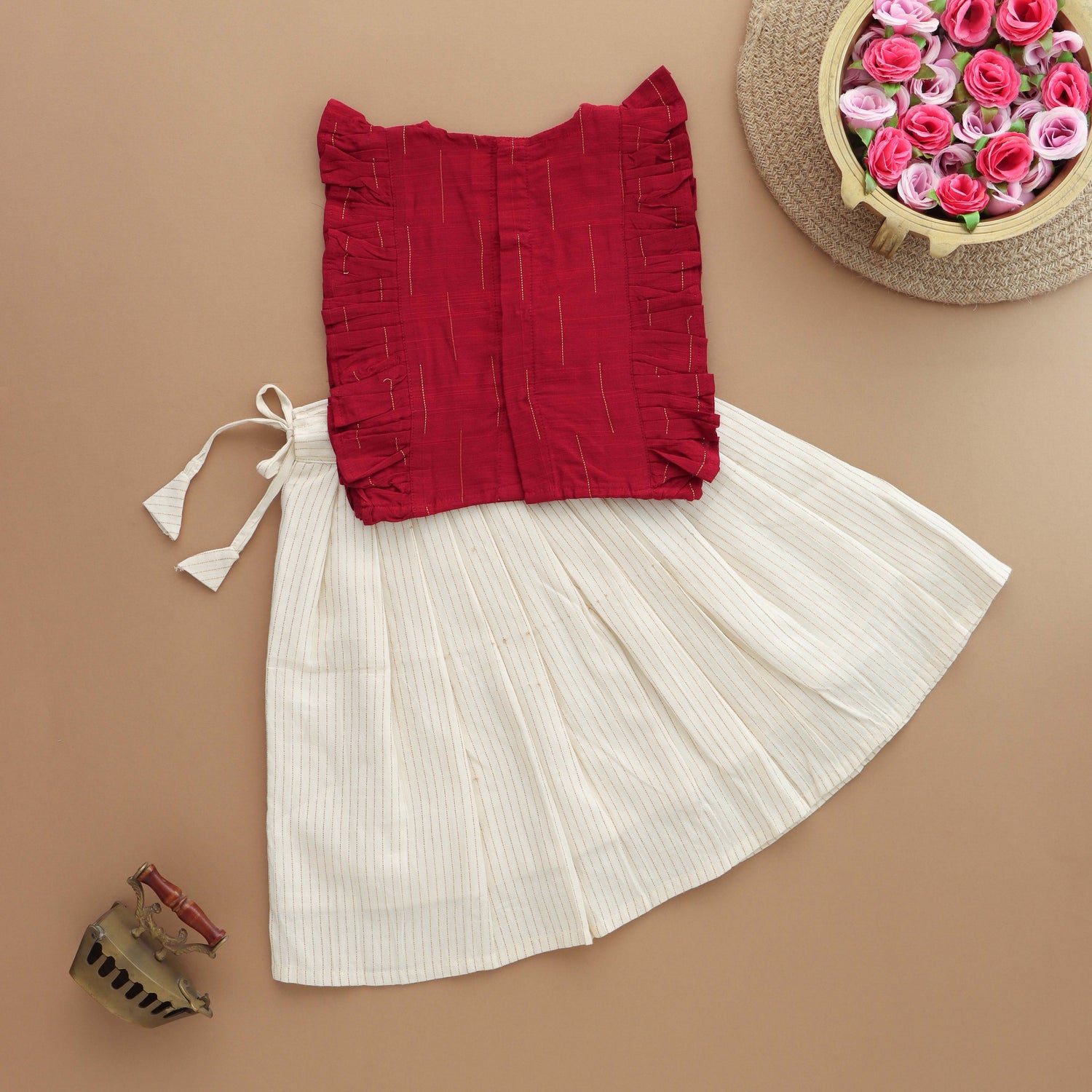 Festive Charm: Red & Cream Ethnic Wear Set For Girls