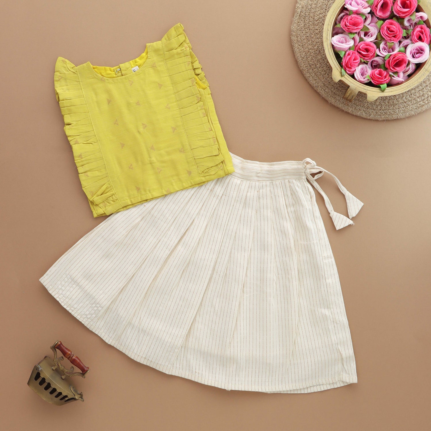 Vibrant Yellow: Ethnic Top with Striped Skirt For Girls