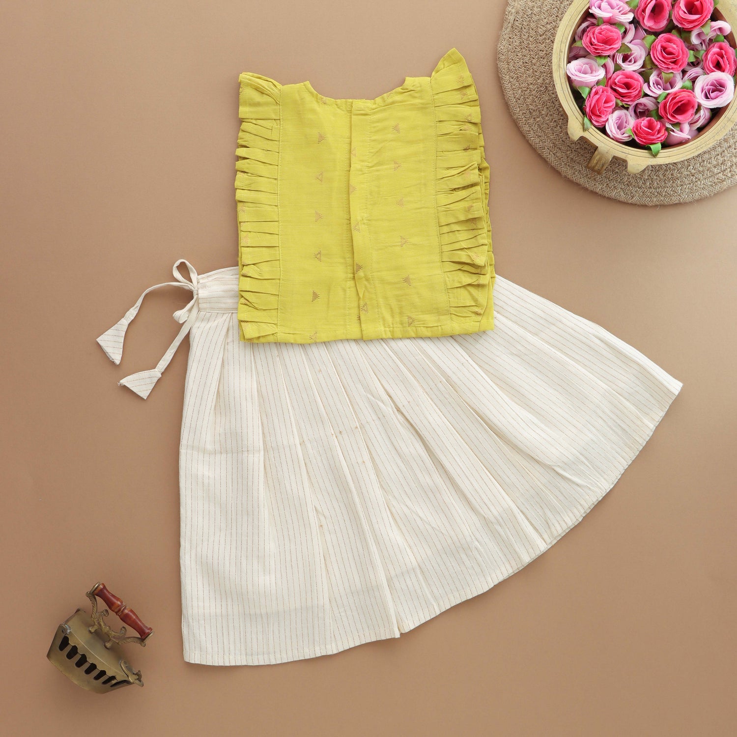 Vibrant Yellow: Ethnic Top with Striped Skirt For Girls