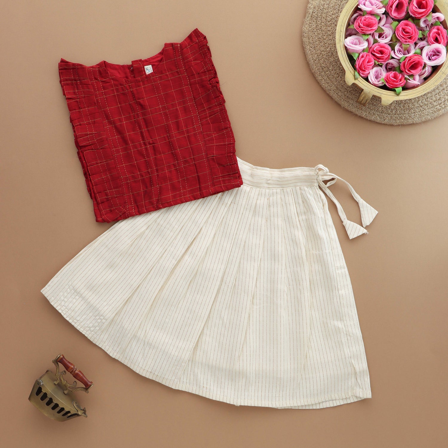 Chic in Checks: Red Top & Cream Skirt Set For Girls