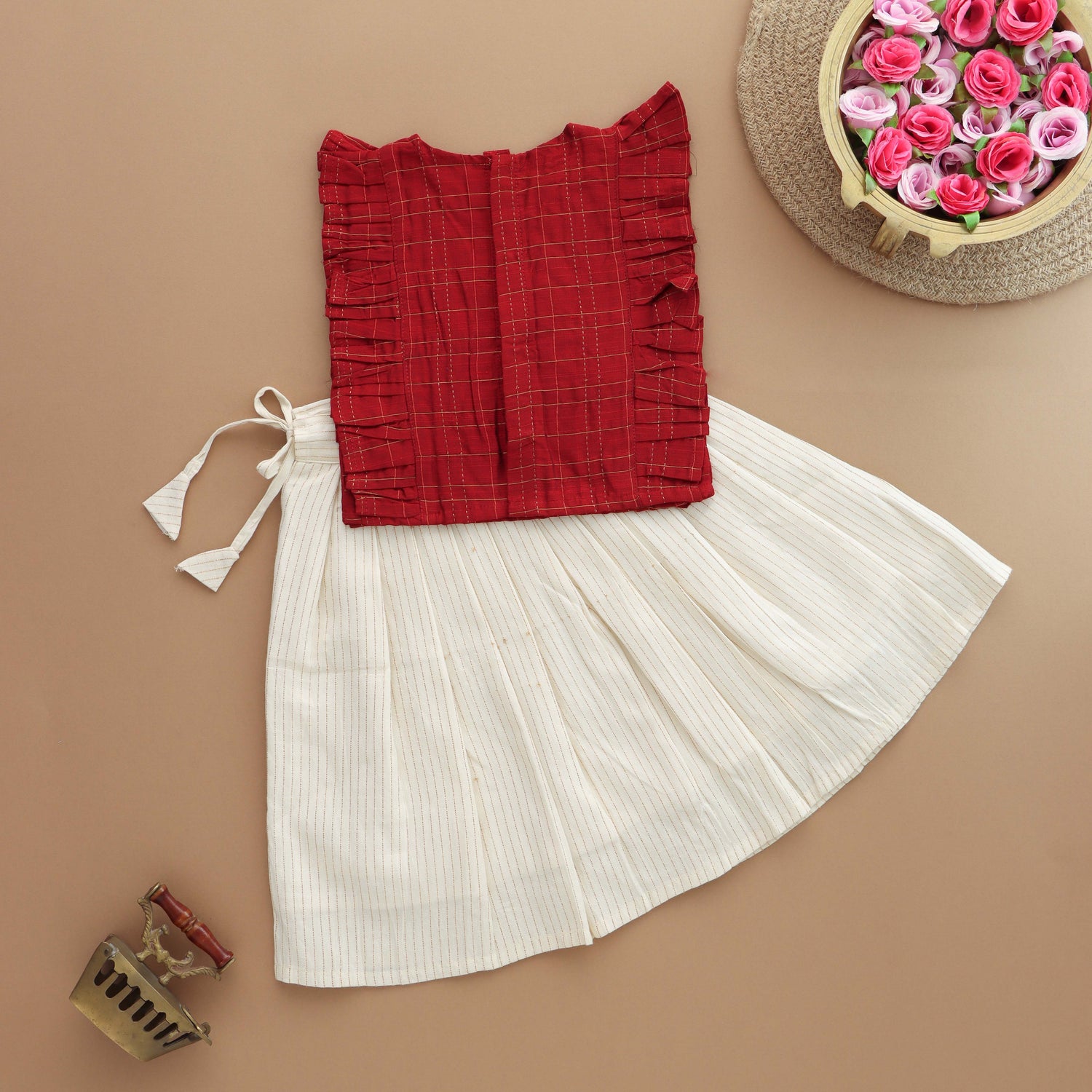 Chic in Checks: Red Top & Cream Skirt Set For Girls