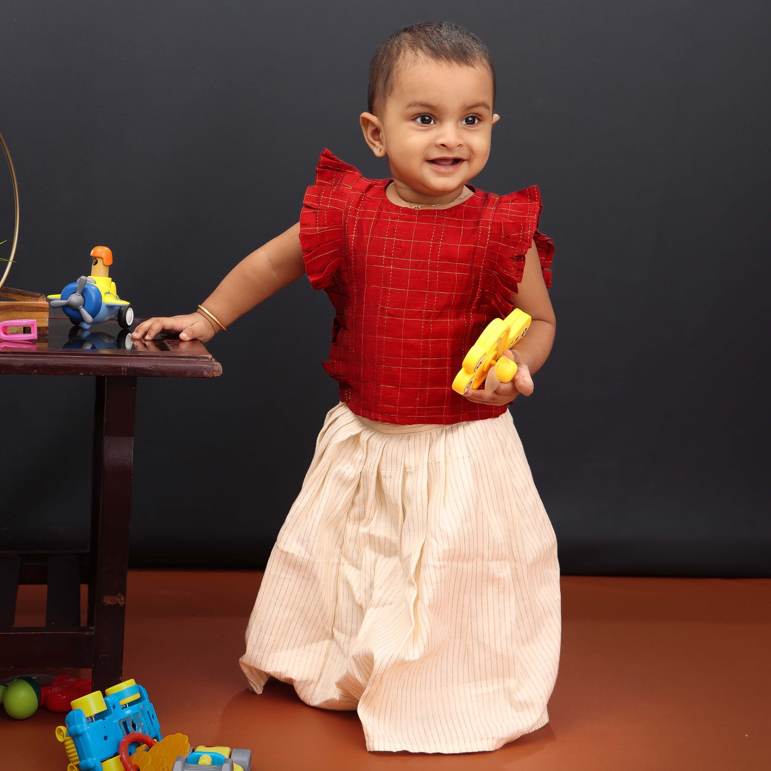 Chic in Checks: Red Top & Cream Skirt Set For Girls