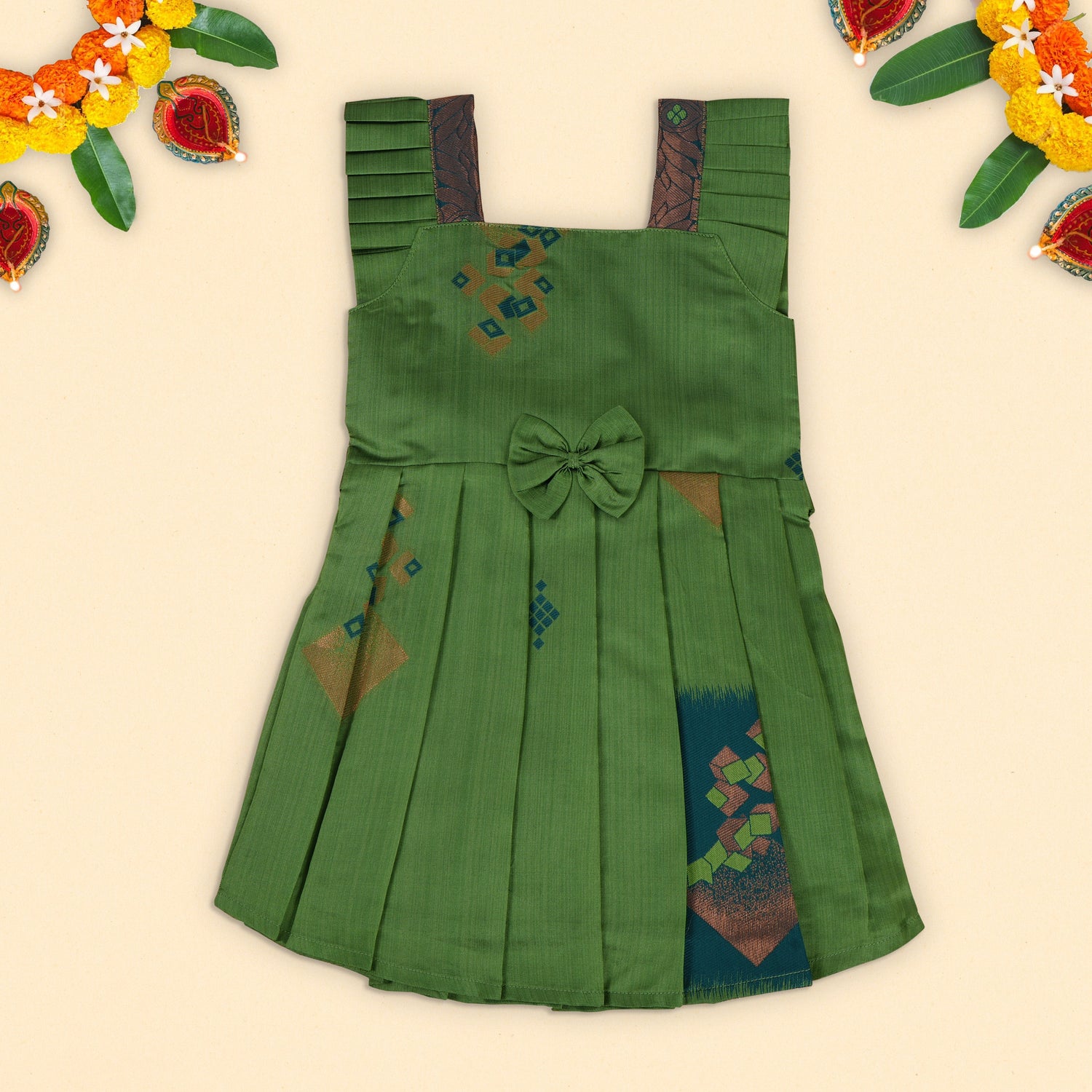 Elegant Green Pleated Frock with Bow and Geometric Accents – Festive Ready