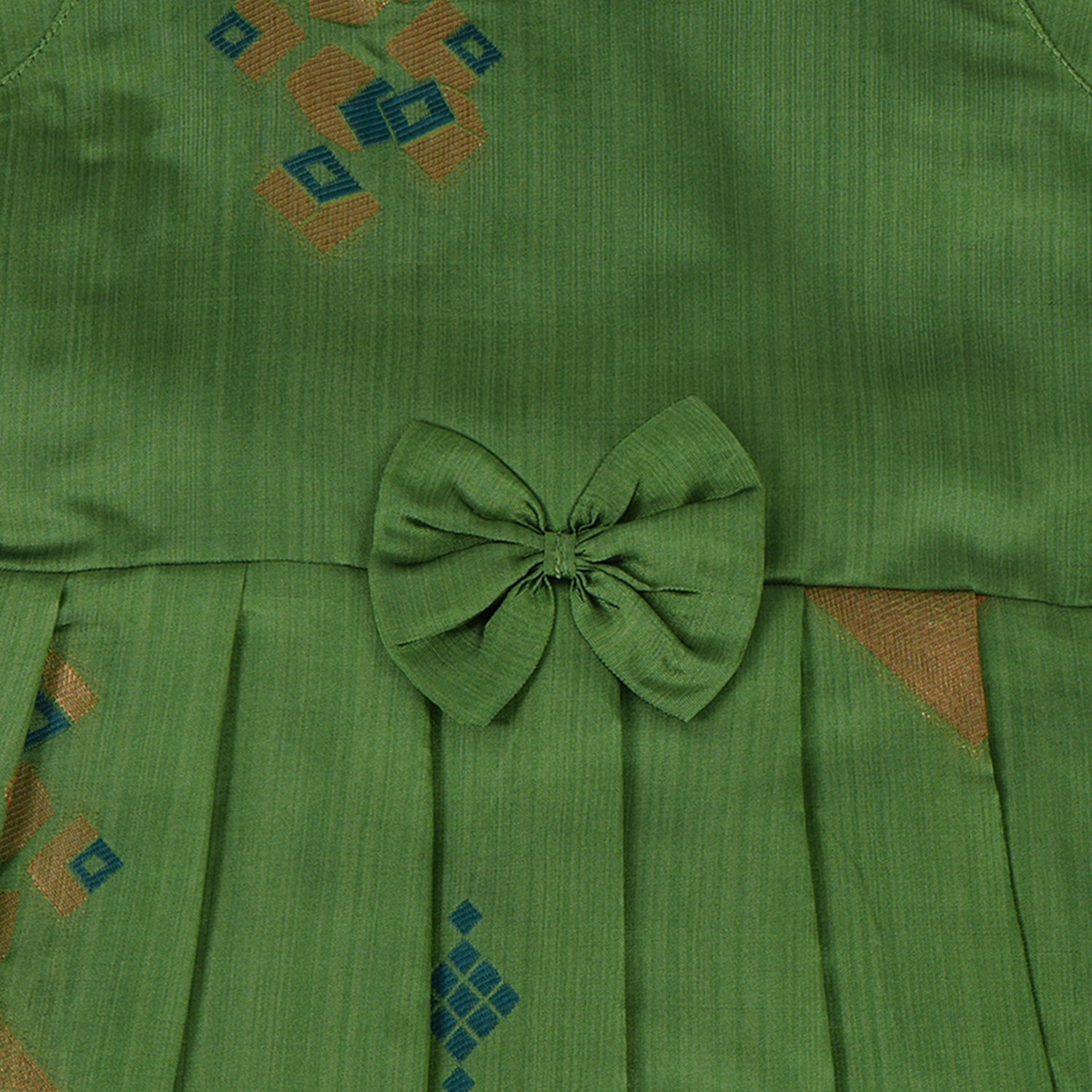 Elegant Green Pleated Frock with Bow and Geometric Accents – Festive Ready