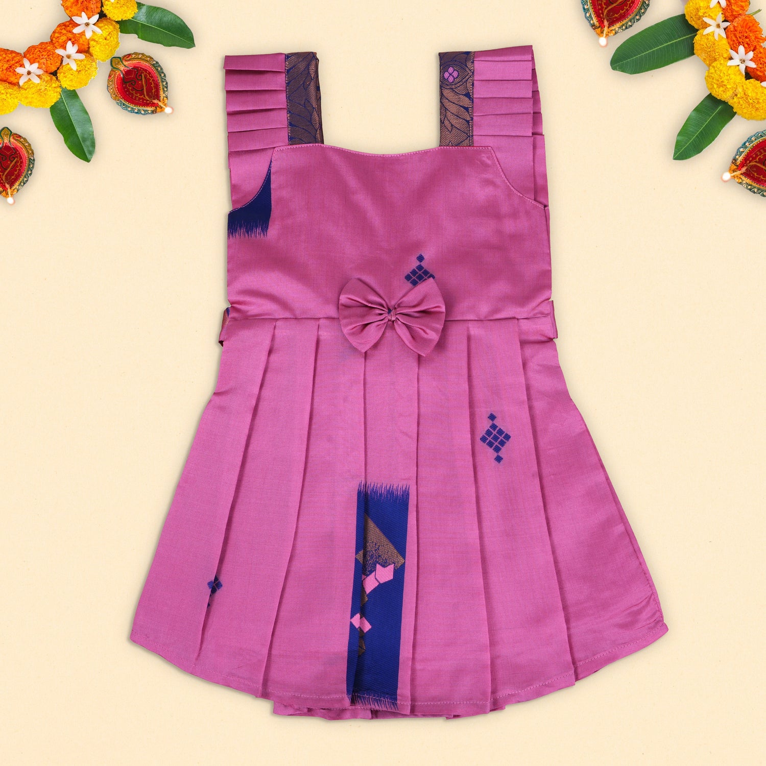 Charming Pink Ethnic Frock with Pleated Straps and Decorative Bow