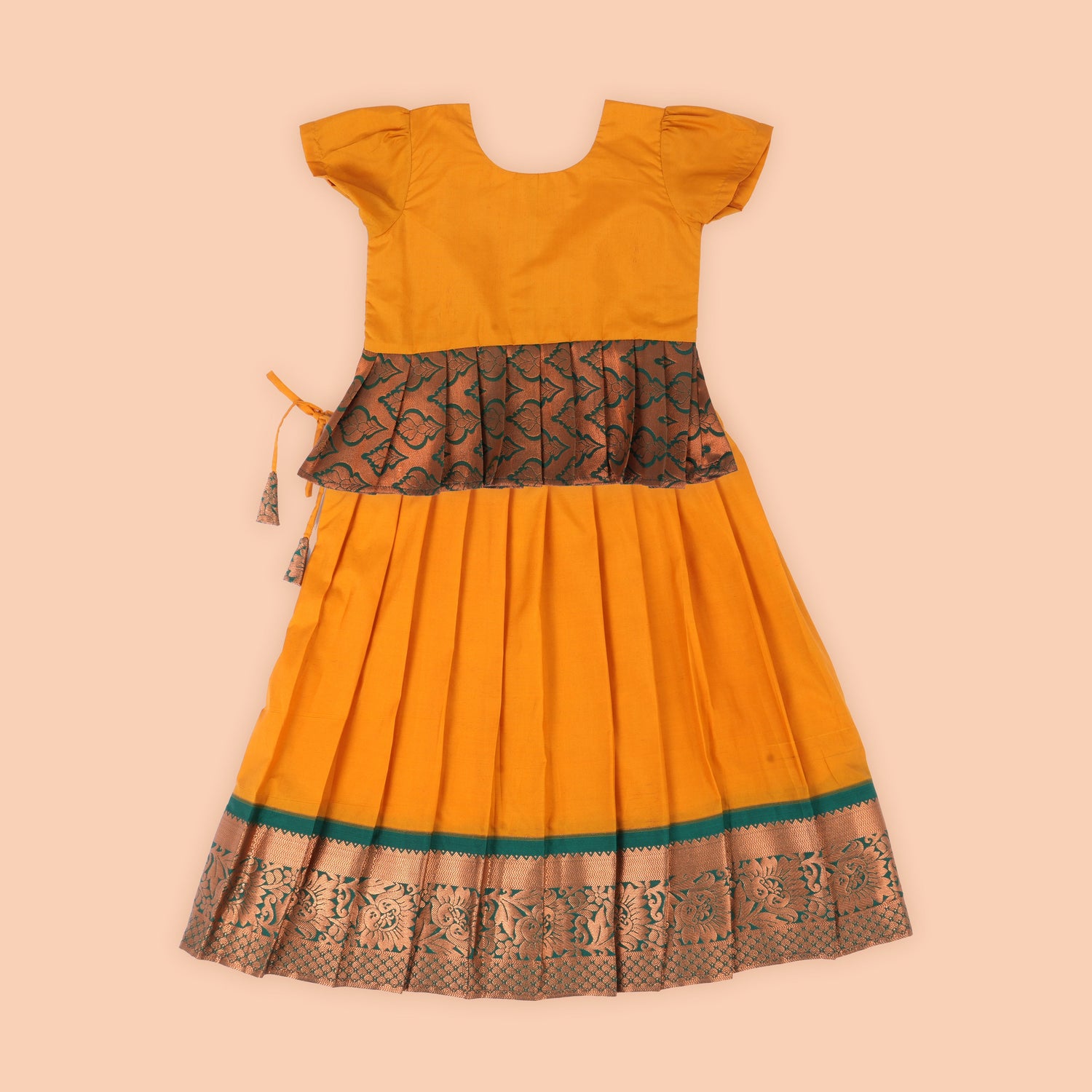 Vibrant Mustard Pattu Pavadai Set – Traditional Silk Skirt and Top for Girls