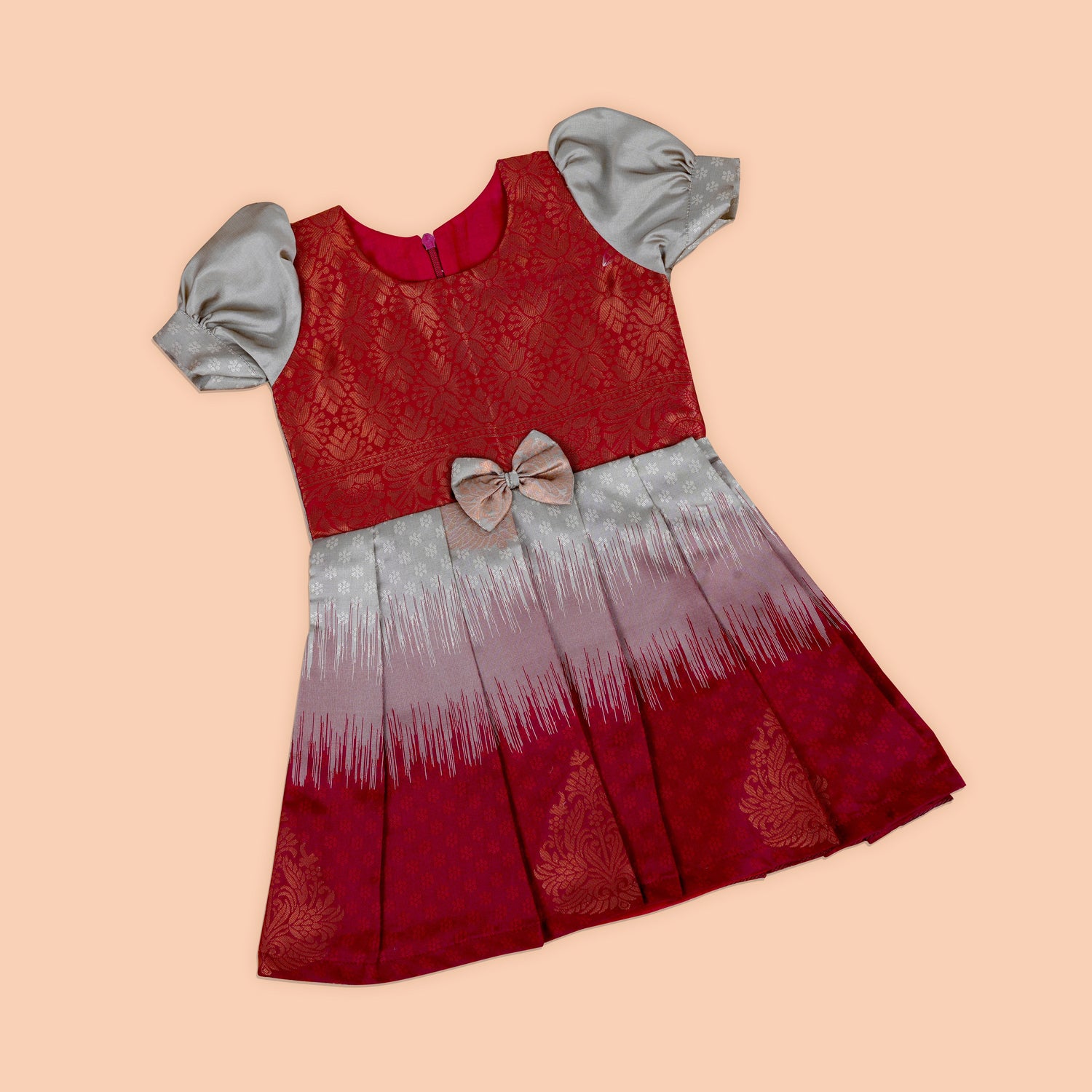 Charming Red Silk Frock with Silver Sleeves and Bow Detail – A Festive Delight