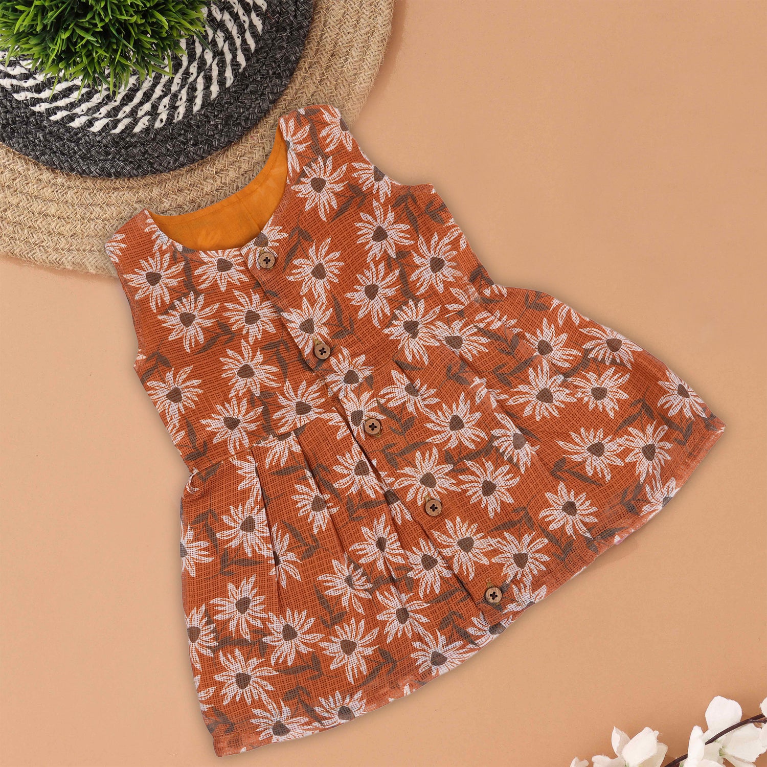 Bright & Beautiful: Orange Daisy Frock with Front Button Detail