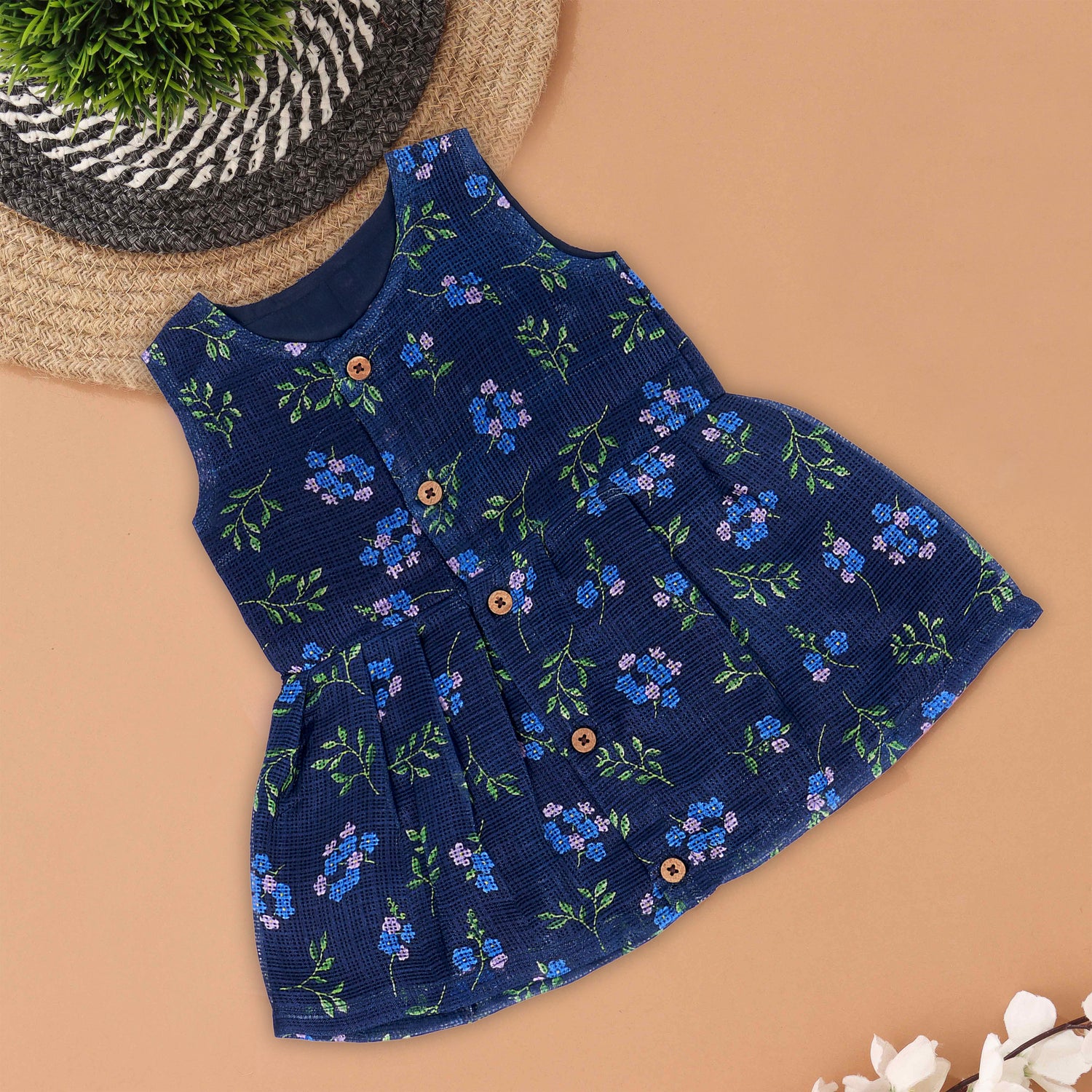 Chic in Blue: Floral Button-Up Frock for Sweet Little Girls