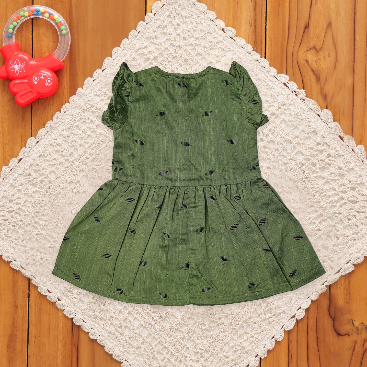 Stylish Green Gathered Frock with Wooden Buttons