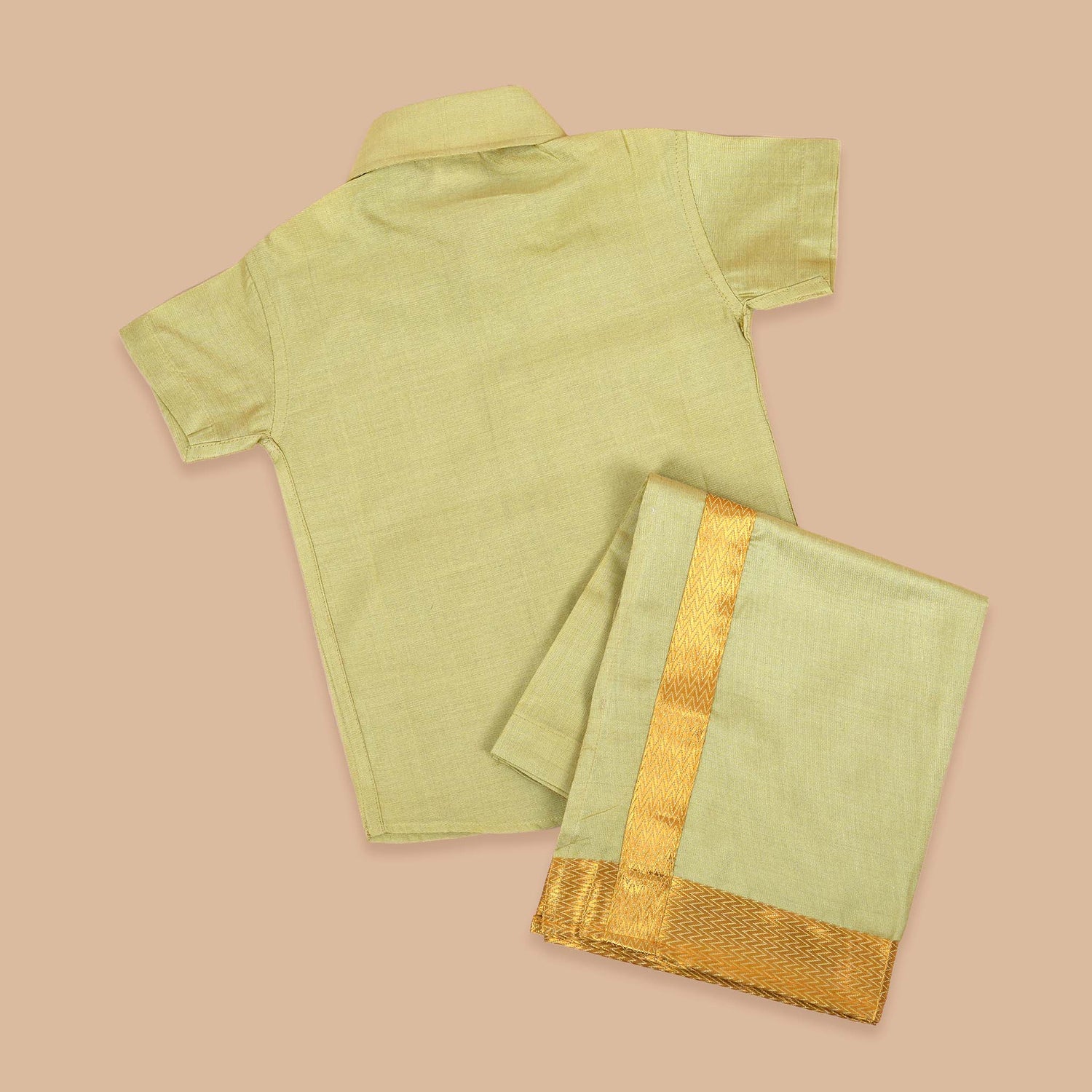 Olive Green Silk Shirt with Golden Border Dhoti