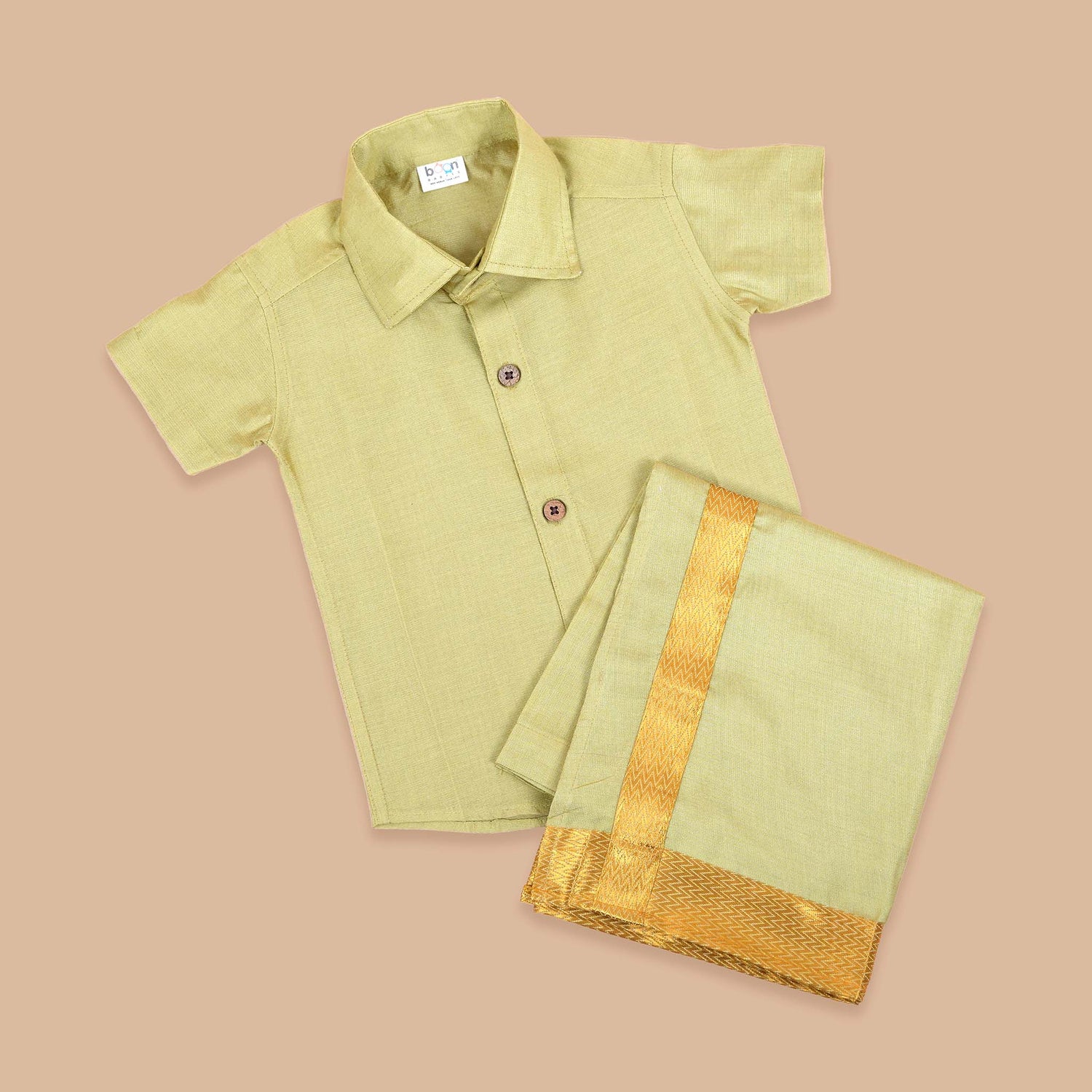 Olive Green Silk Shirt with Golden Border Dhoti