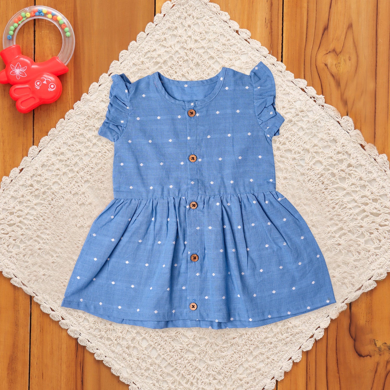 Elegant Blue Cotton Dress with Wooden Button Details