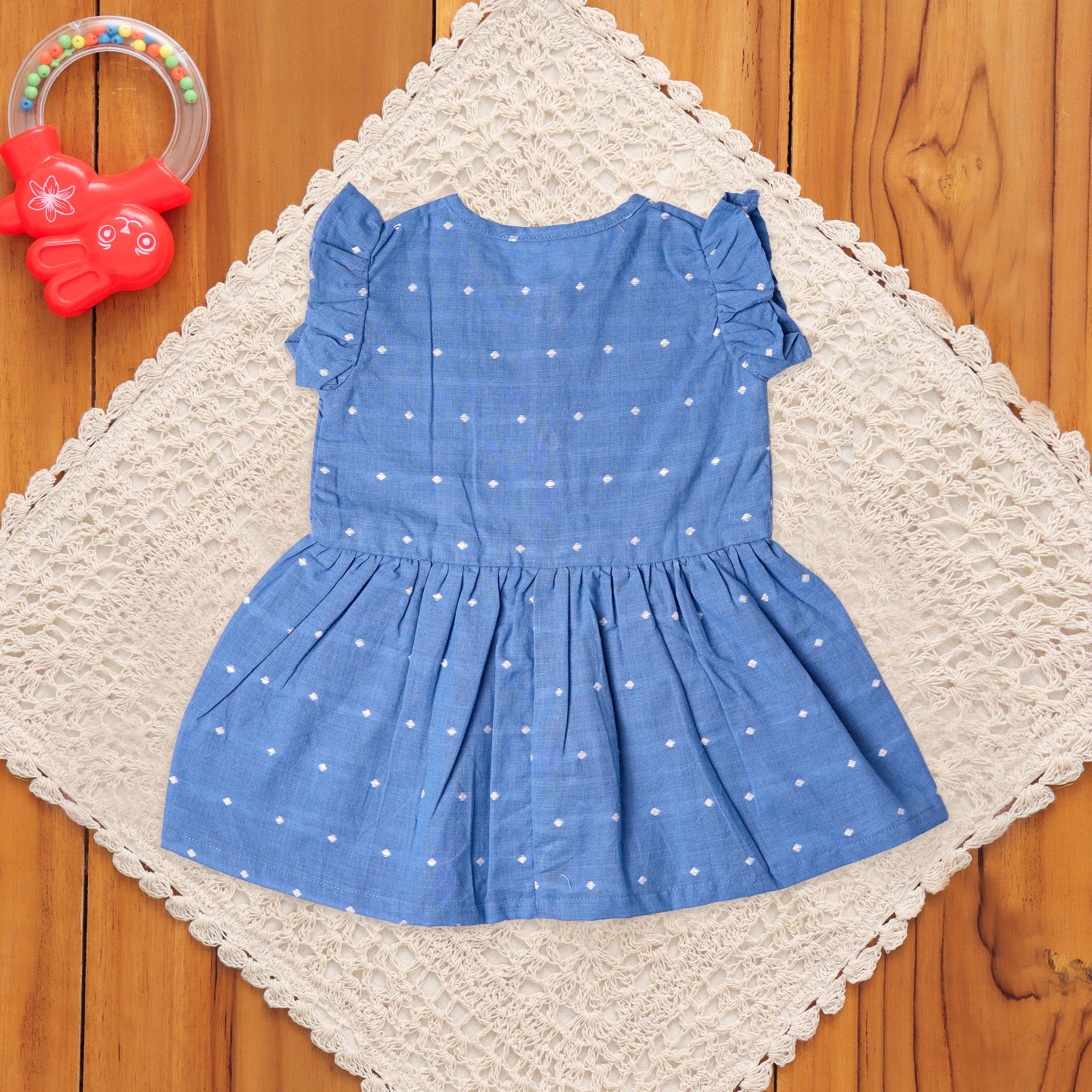 Elegant Blue Cotton Dress with Wooden Button Details