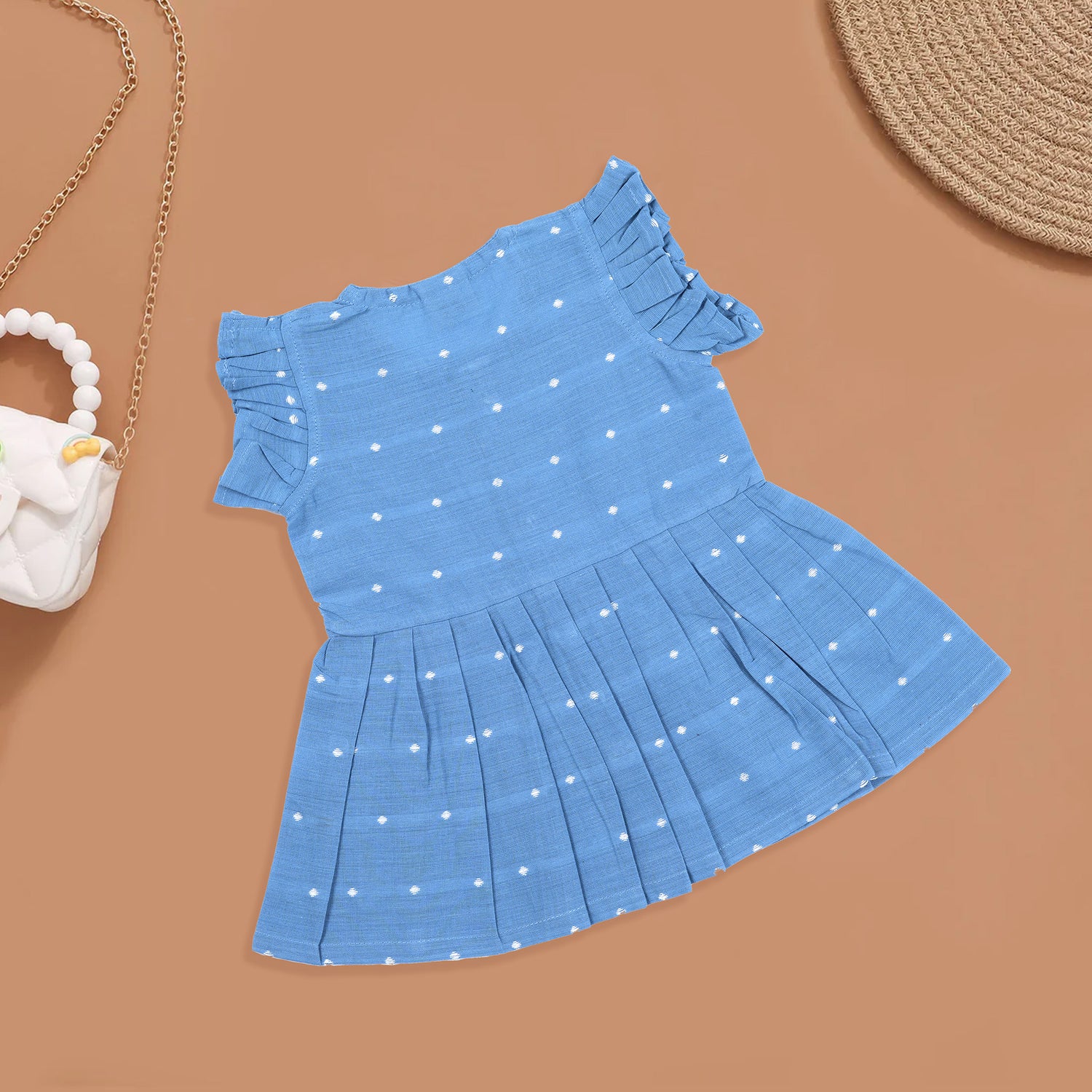 Elegant Blue Cotton Dress with Wooden Button Details