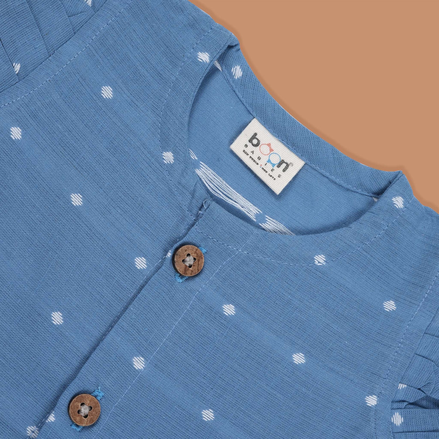 Elegant Blue Cotton Dress with Wooden Button Details