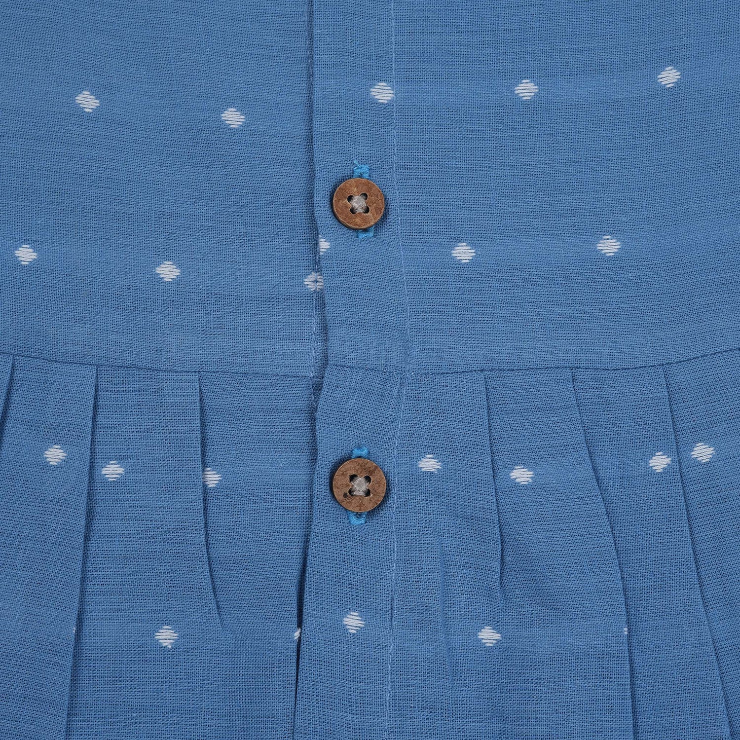 Elegant Blue Cotton Dress with Wooden Button Details