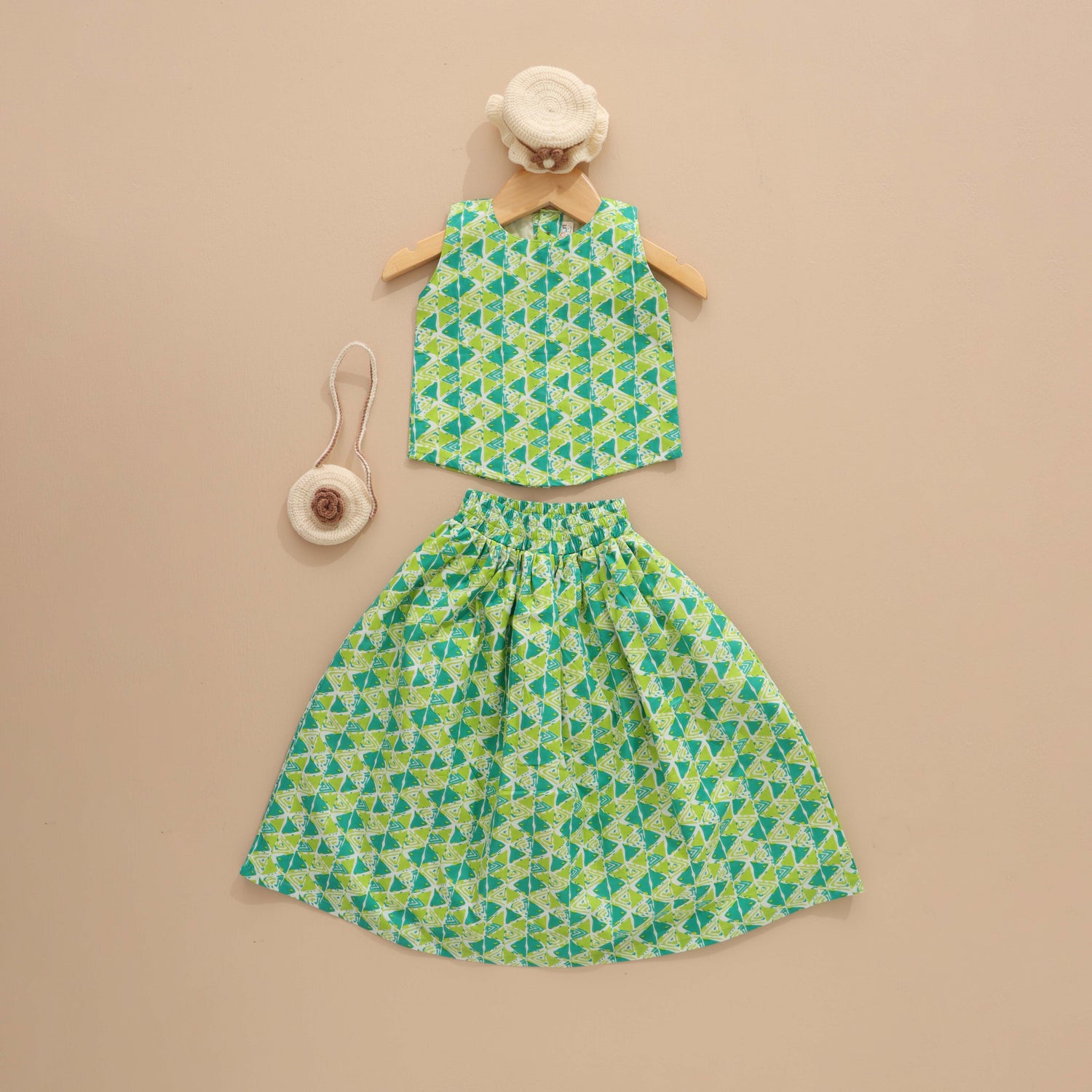 Geometric Delight - Green Triangle Print Skirt and Top Set