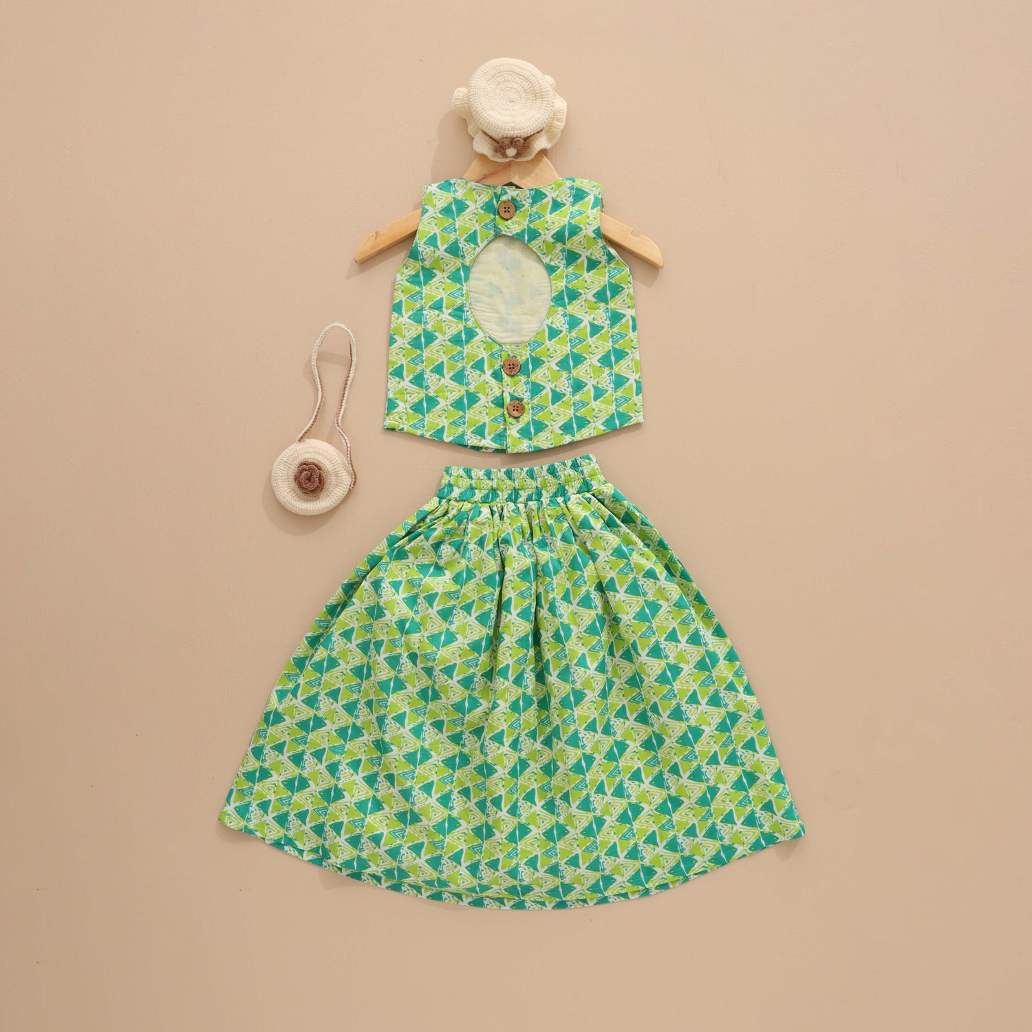 Geometric Delight - Green Triangle Print Skirt and Top Set