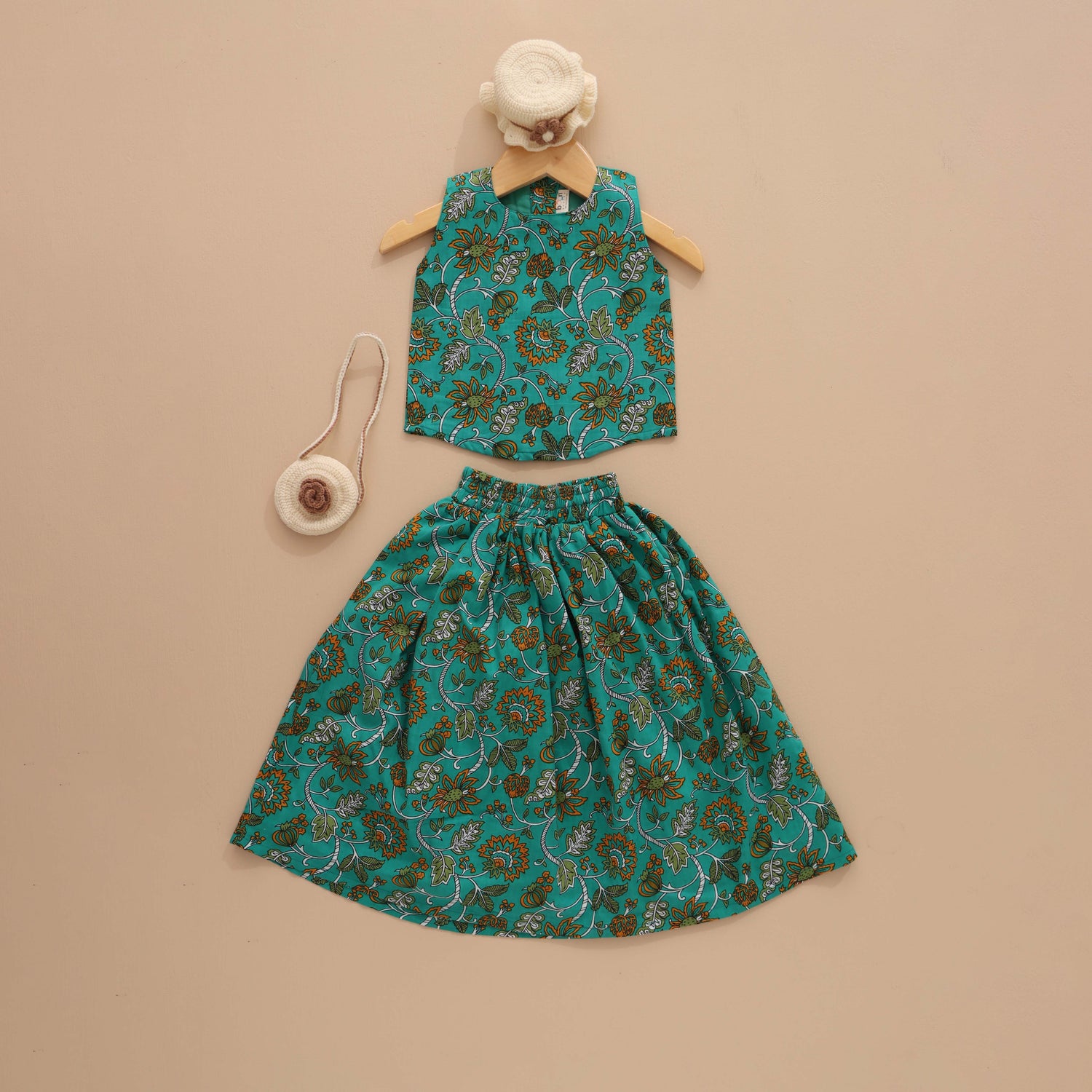 Floral Fantasy - Green & Orange Floral Skirt and Top Set