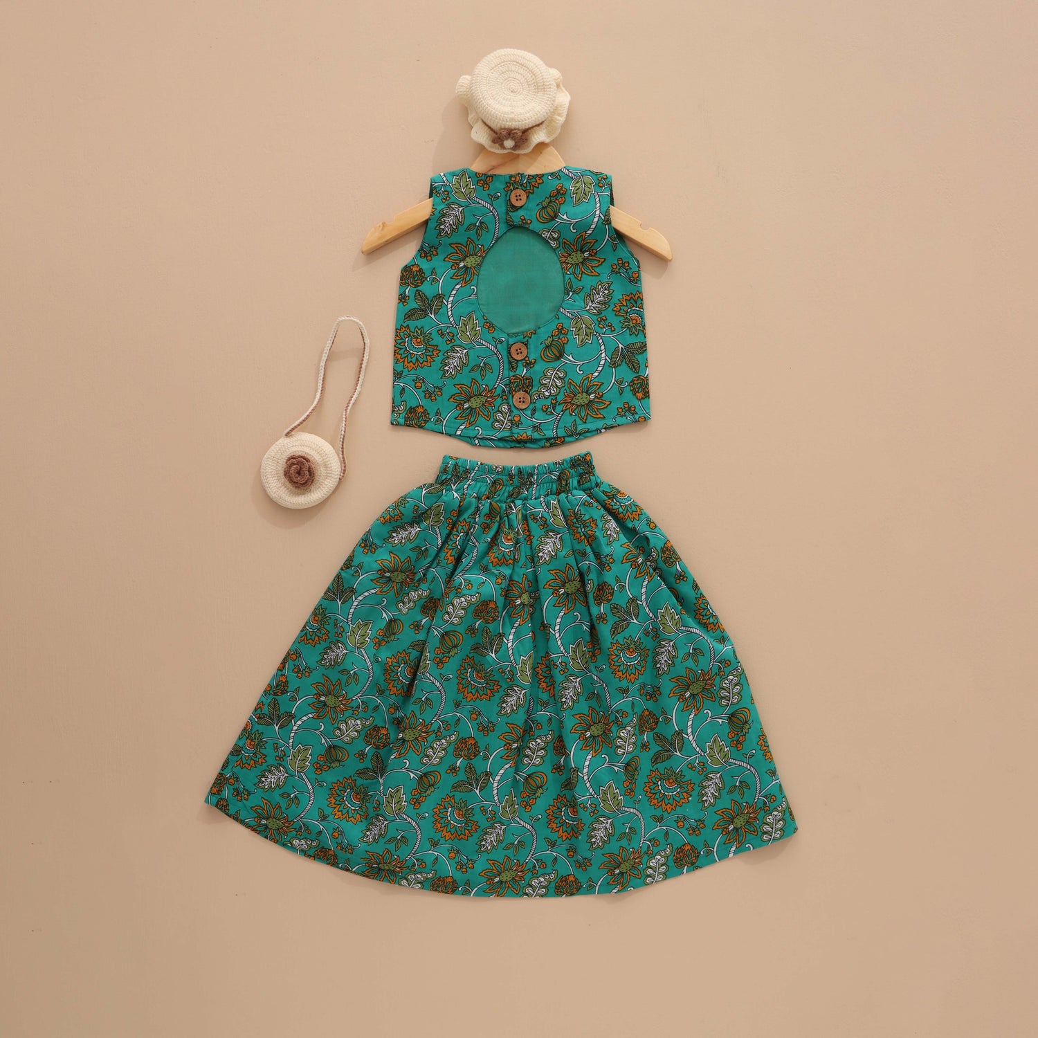 Floral Fantasy - Green & Orange Floral Skirt and Top Set