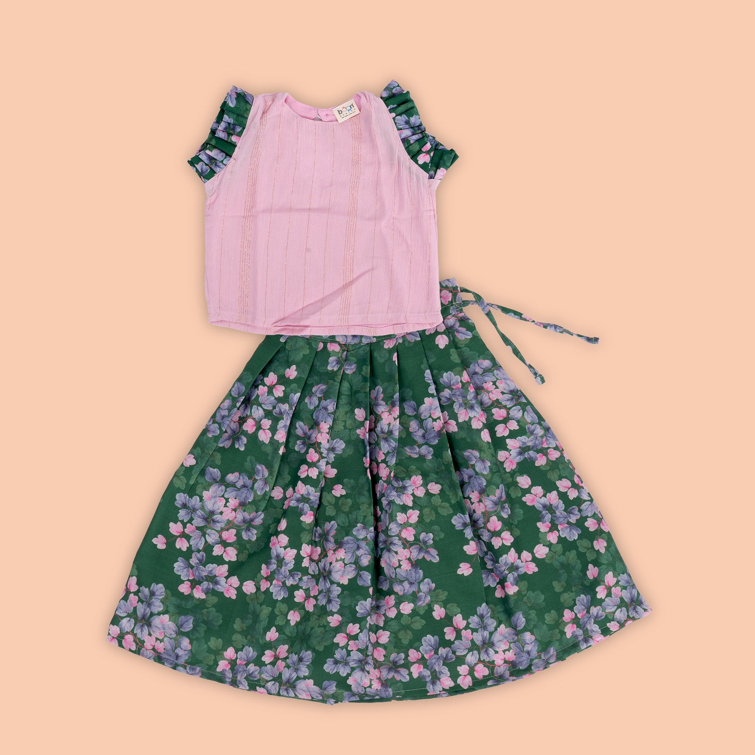 Sweet Pink and Green Floral Set for Girls – A Blossom of Style