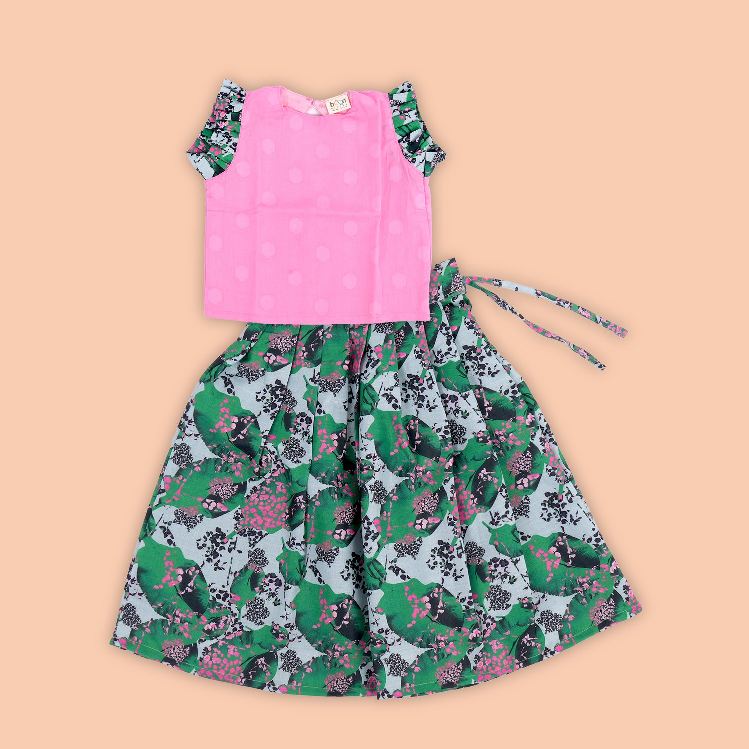 Playful Pink Polka Dots with Green Floral Skirt – Fun and Fashionable