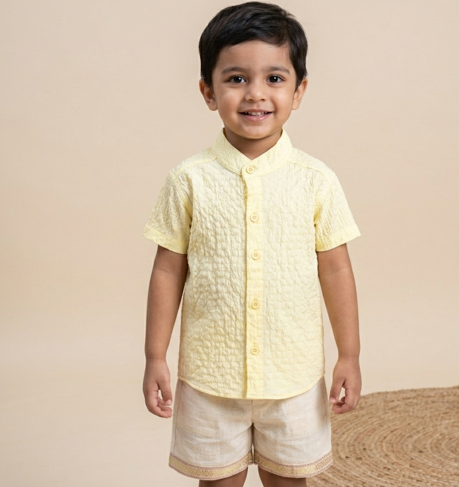 Lightweight solid popcorn shirt for boys by Boon Babies, casual polycotton kids' shirt in size 6 months to 5 years.