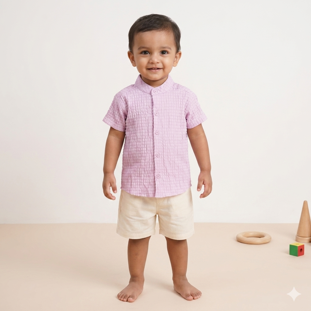 Lightweight solid popcorn shirt for boys by Boon Babies, casual polycotton shirt for kids aged 6 months to 5 years.