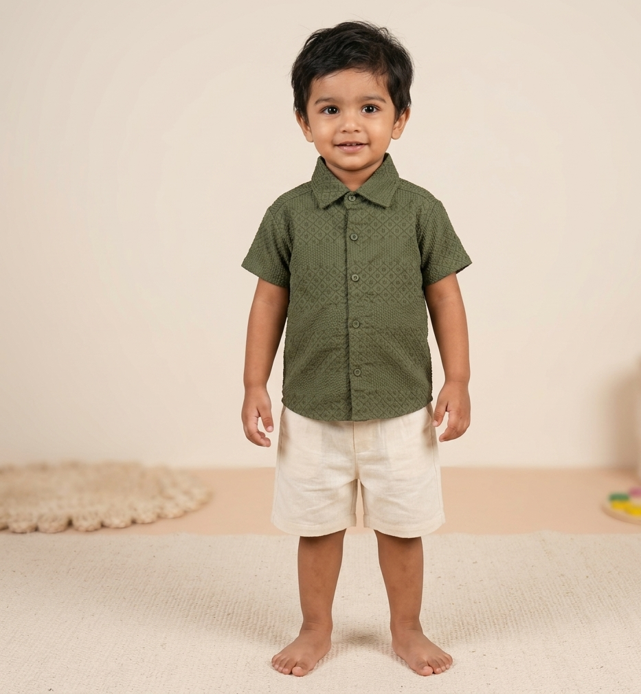 Lightweight solid popcorn shirt for boys by Boon Babies, casual polycotton collar shirt for ages 6 months to 5 years.