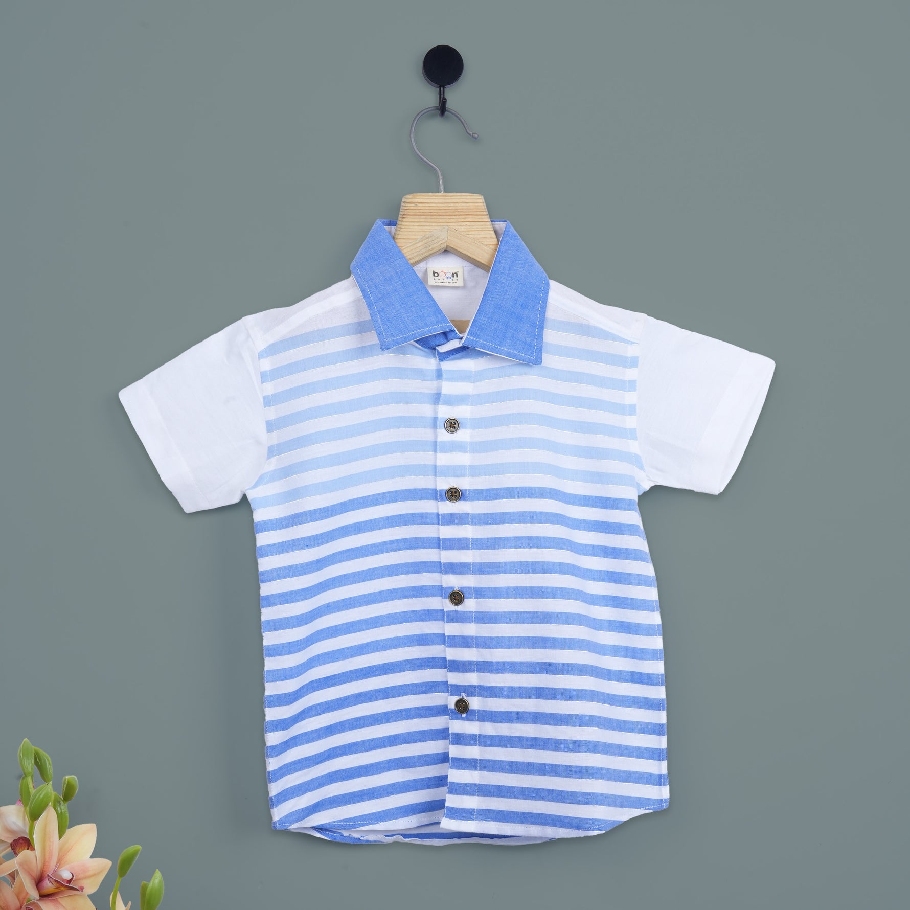 Boys wearing blue stripe cotton printed shirt with straight collar, casual style by Boon Babies, shown in a group photo.