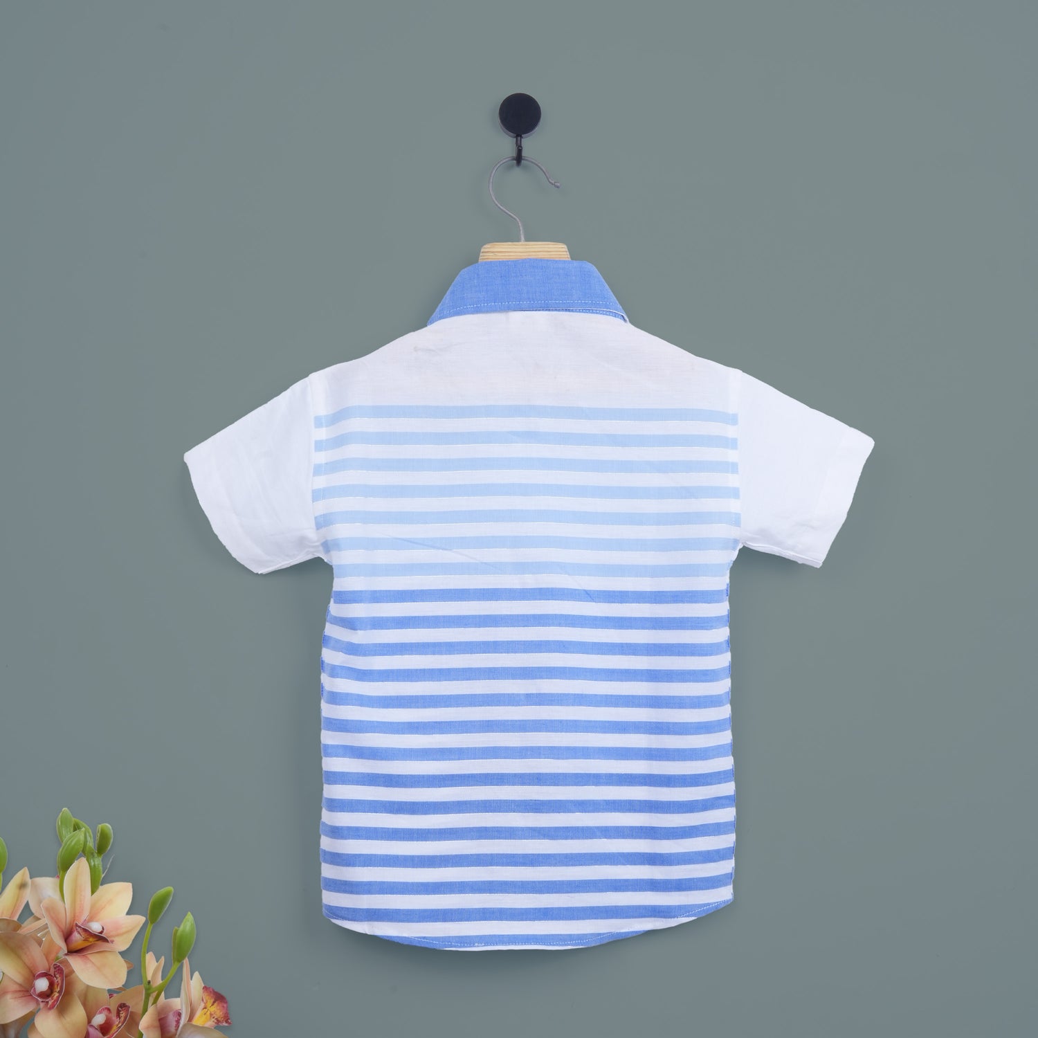 Boys wearing blue stripe cotton printed shirt with straight collar, casual style, from Boon Babies in a group photo.