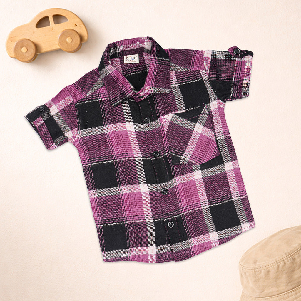 Boys casual checked cotton shirt with straight collar from Boon Babies, featuring a printed design and button-down front.