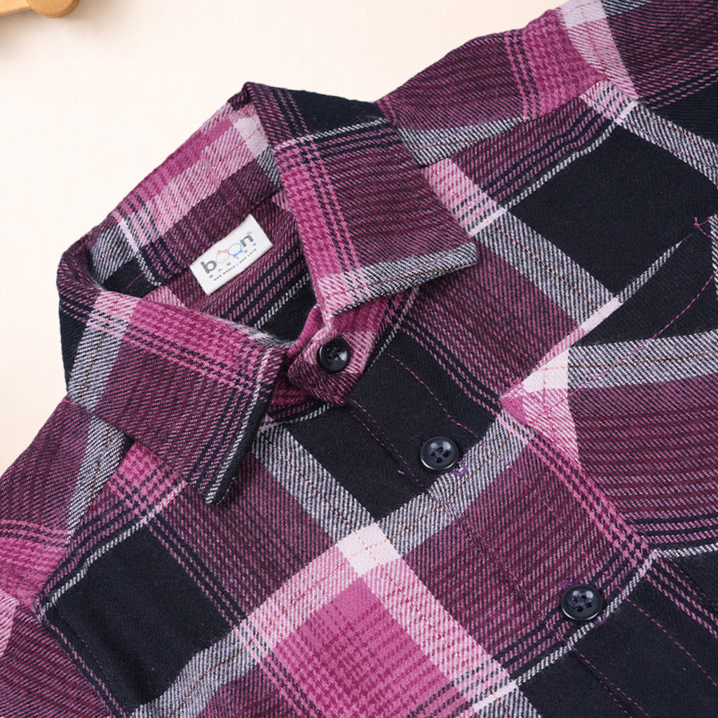 Boys casual checked cotton shirt with straight collar from Boon Babies, featuring a printed design and button front.