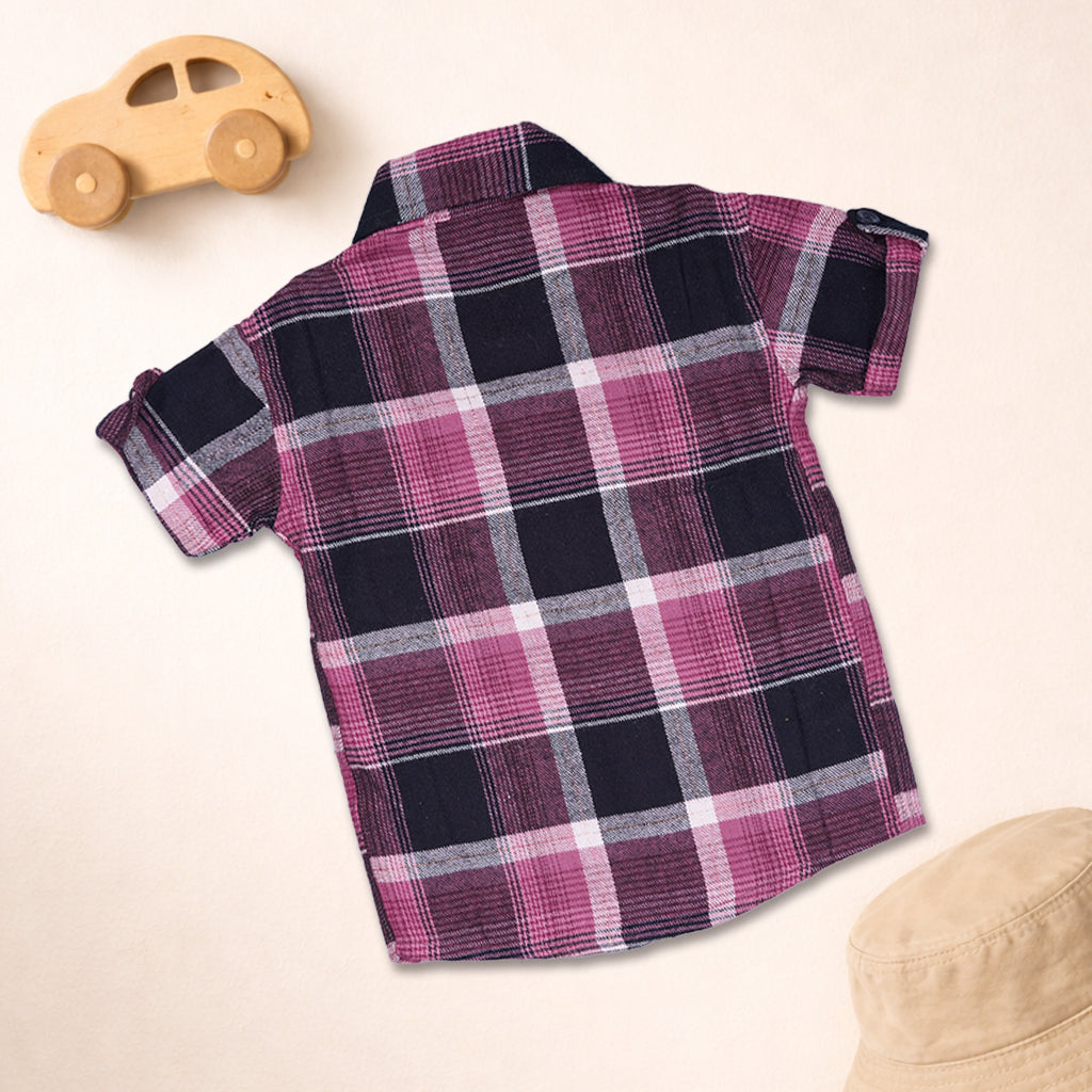 Boys casual checked cotton shirt with straight collar from Boon Babies, featuring a colorful printed design.