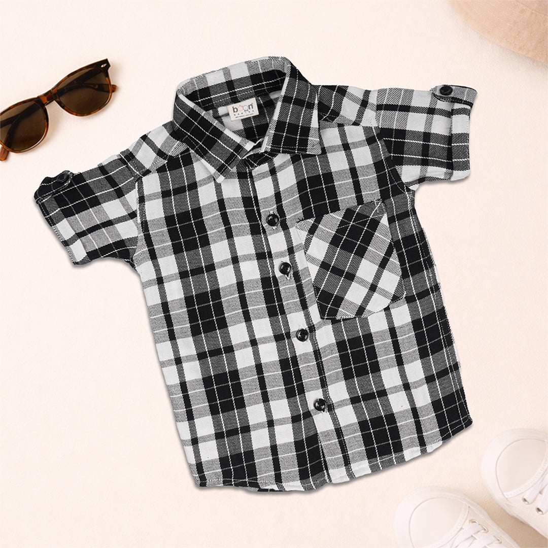 Boys casual checked cotton shirt with straight collar by Boon Babies, featuring a printed design in vibrant colors.