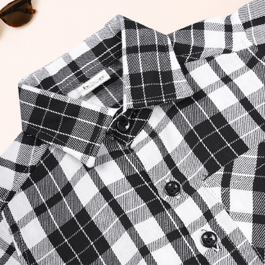 Boys casual cotton checked shirt with a straight collar by Boon Babies, featuring a printed pattern and button front.