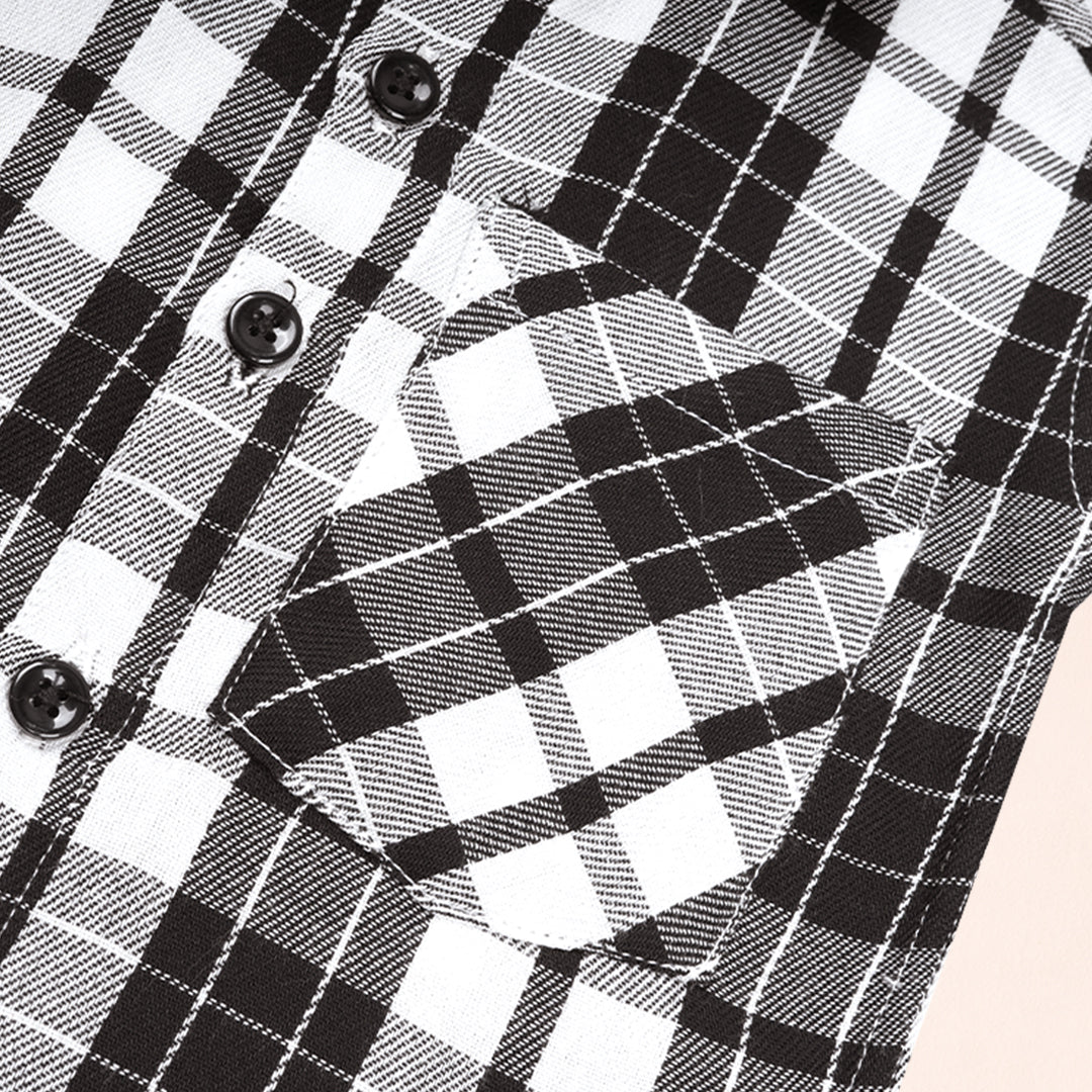 Boys casual checked cotton shirt with straight collar from Boon Babies, featuring a printed design and button closure.