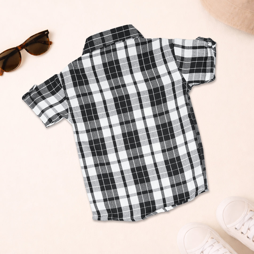 Boys casual checked cotton shirt with straight collar by Boon Babies, featuring a printed pattern in vibrant colors.
