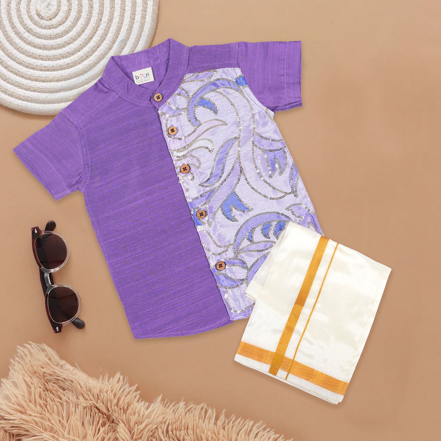 Purple Silk Panel Shirt with Cream Pattu Dhoti – Traditional Festival Wear for Boys