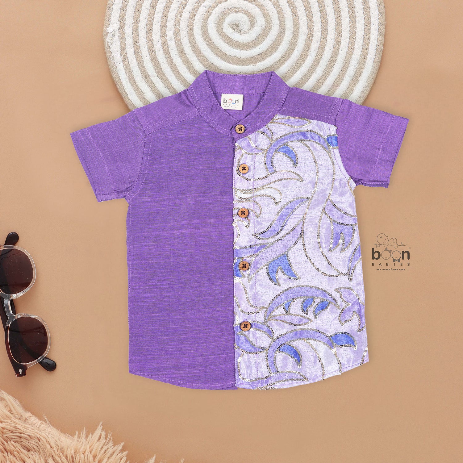 Purple Silk Panel Shirt with Cream Pattu Dhoti – Traditional Festival Wear for Boys