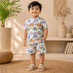 Elephant print boys co-ord set with cotton shirt and shorts featuring a Chinese collar, perfect for summer wear by Boon Babies.