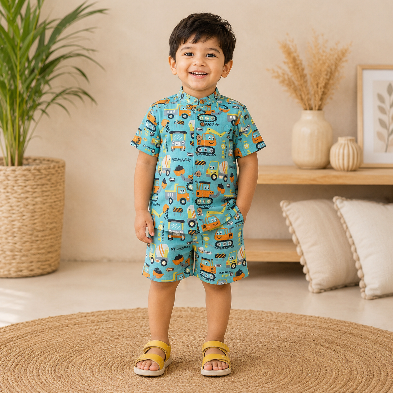Boon Babies boys' printed co-ord set with truck design, featuring a Chinese collar shirt and matching shorts.