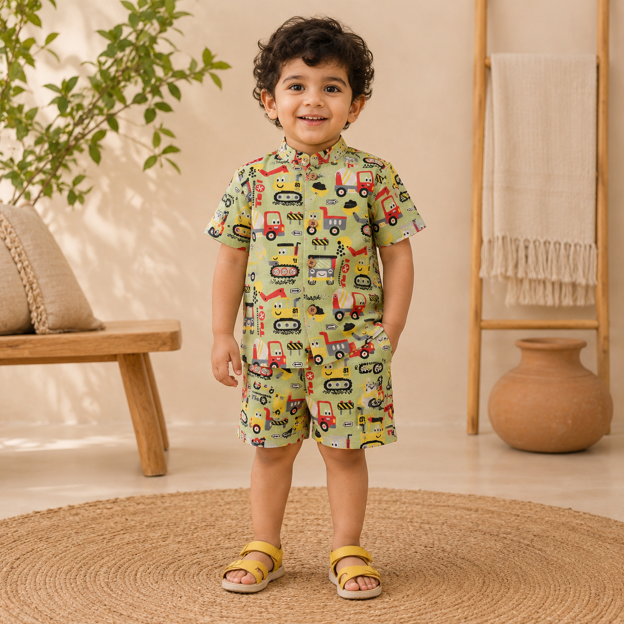 Boy's co-ord set by Boon Babies with olive truck print, includes a Chinese collar shirt and matching shorts.