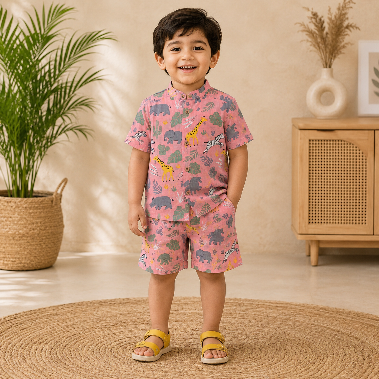 Pink safari print boys co-ord set with a printed shirt and shorts featuring a Chinese collar, by Boon Babies.