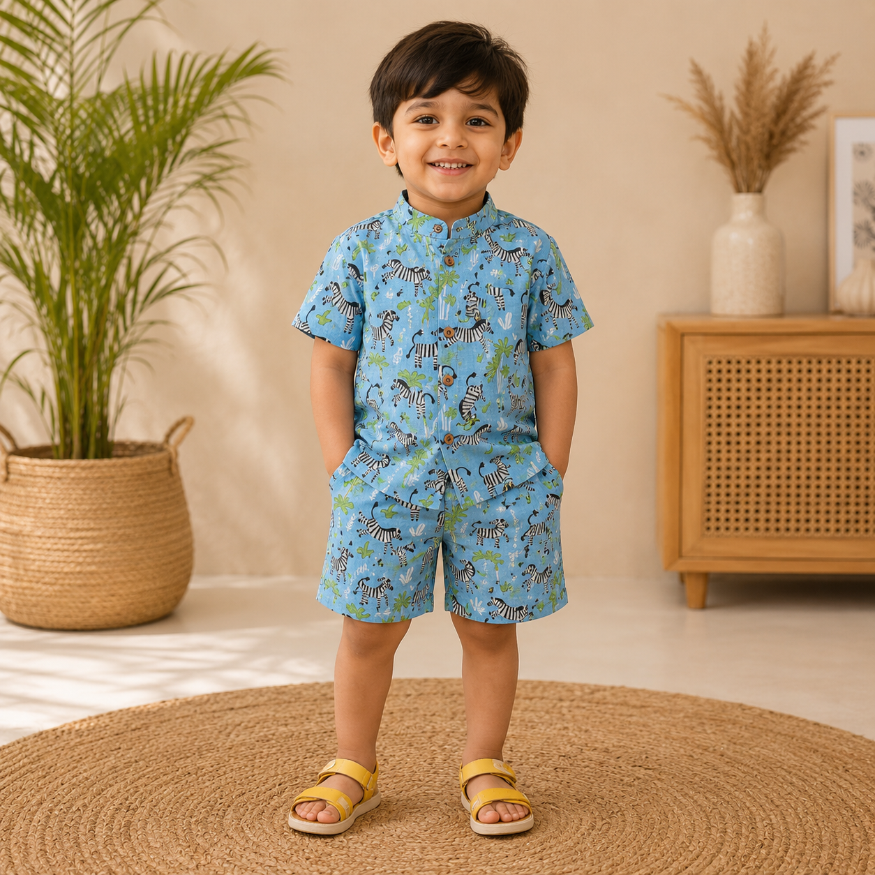 Blue zebra print boys co-ord set with a printed shirt featuring a Chinese collar and matching shorts by Boon Babies.