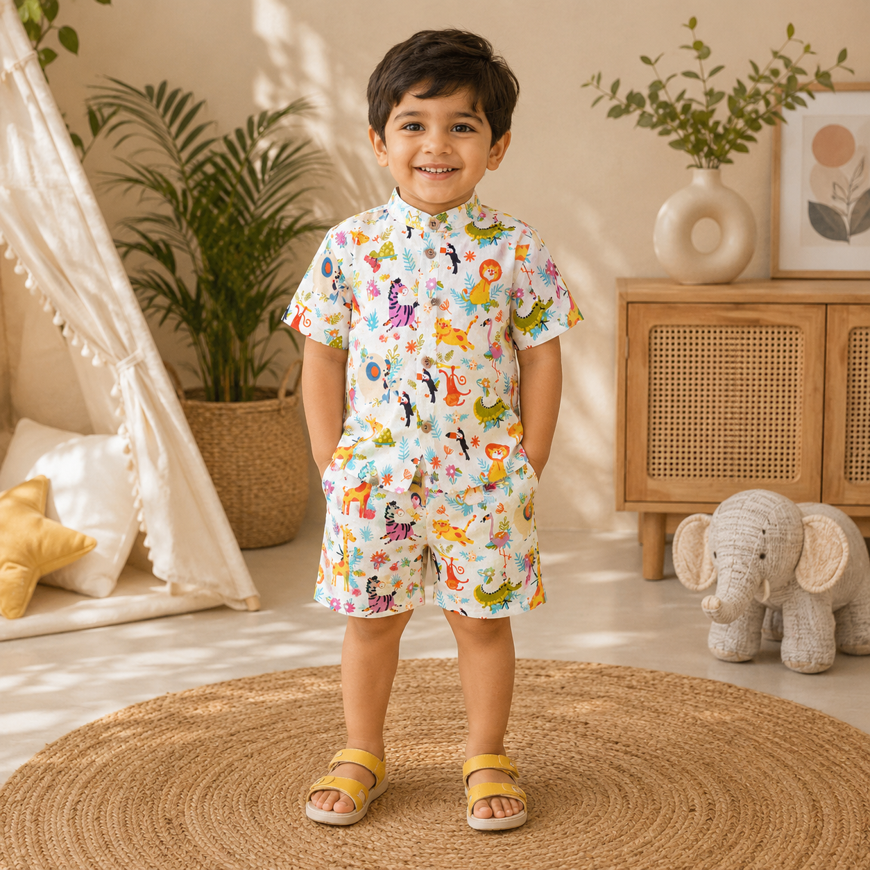 Boone Babies Jungle Pop boys co-ord set with printed shirt and shorts featuring a Chinese collar, vibrant jungle print design.