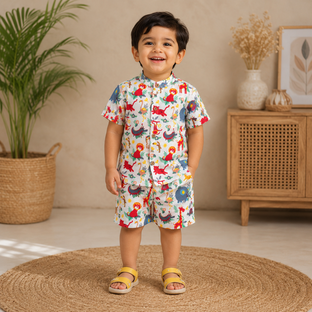 Boon Babies boys red jungle adventure co-ord set with printed shirt and shorts featuring a Chinese collar.
